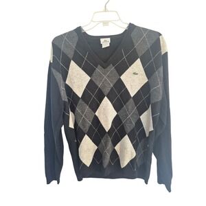 Vintage Lacoste V Neck Argyle Sweater Black Gray Diamond Pattern  Size 8 Large